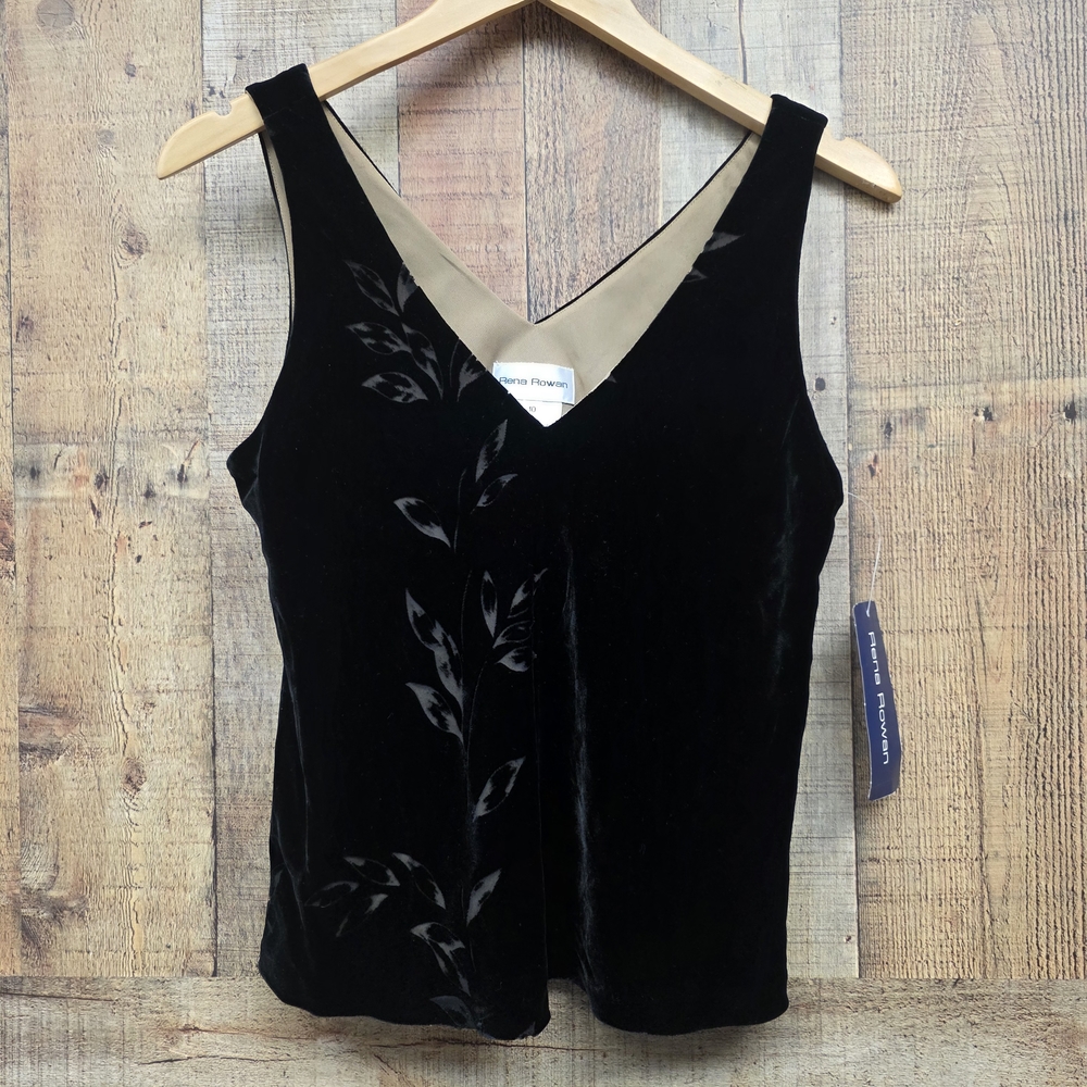 Rena Rowan Black Velvet Sleeveless Lined Camisole with Leaf Pattern Size 10 New